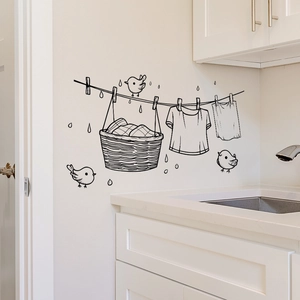 Minimalist hand-drawn clothesline and birds wall sticker for laundry room decoration