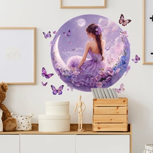Dreamy moon girl with flowers wall sticker set and purple butterflies for bedroom decor