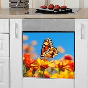 Detailed kitchen scene showing floral butterfly self-adhesive decal on dishwasher panel