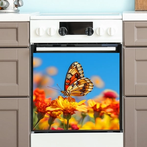 Self-adhesive floral butterfly kitchen cabinet wall sticker on white oven door surface