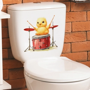 Cute cartoon chicken playing drums on self-adhesive toilet seat lid decor sticker