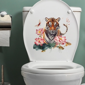 Tiger and pink lotus self-adhesive wall sticker for toilet seat lid home decoration