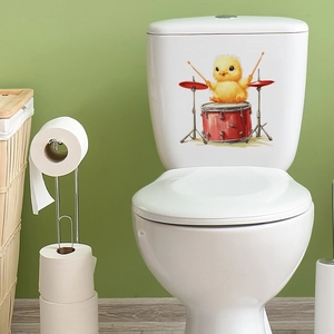 Cartoon yellow chick playing red drums toilet lid sticker for home bathroom decor