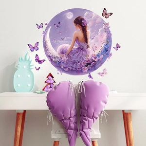 Dreamy moon girl with flowers and butterflies wall decal for bedroom decor
