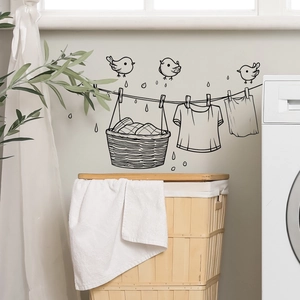 Minimalist laundry line wall decal with clothes and birds for bathroom home decoration