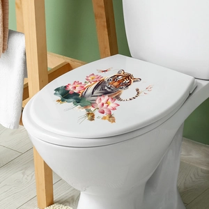 Tiger and lotus floral waterproof self-adhesive toilet seat sticker for bathroom decor