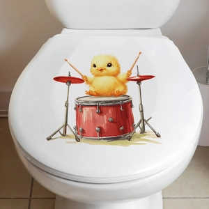 Cartoon chick playing drums toilet lid sticker for cute bathroom home decoration
