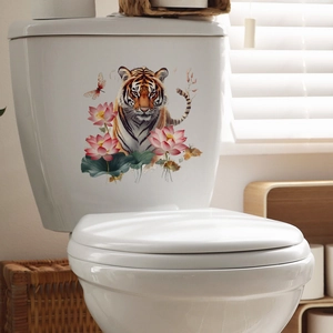 Tiger And Lotus Flower Bathroom Toilet Sticker Waterproof PVC Removable Animal Pattern Decal For Home Washroom Decoration