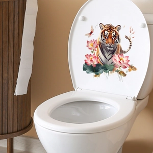 Tiger and lotus self-adhesive toilet lid sticker for modern bathroom wall decor