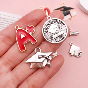 Graduation theme metal charms with A+ pendant and doctoral cap for creative keychains