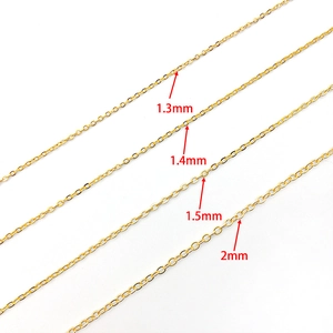 18K gold-plated copper O-link chains for DIY jewelry in 1.3mm to 2mm widths