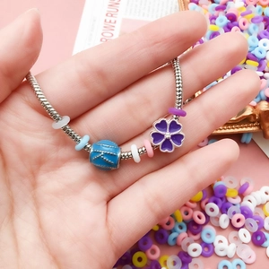 DIY colorful silicone beads on silver snake chain bracelet with purple floral pendant
