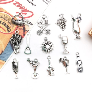 Collection of antique silver wine and beer themed alloy charms for DIY jewelry making
