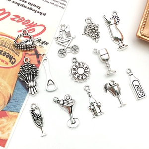 Vintage silver wine-themed alloy charm set featuring wine glass and grape juice bottle pendants