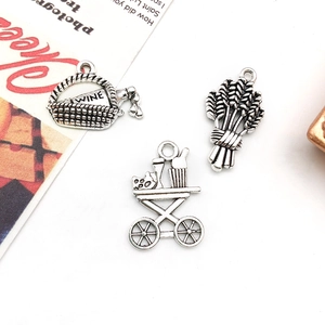 Set of retro silver wine theme charms including a basket, wheat, and cart for DIY jewelry