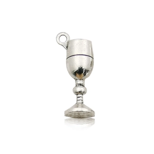 Macro detail of a silver wine goblet charm with a metallic finish and top loop for DIY crafts