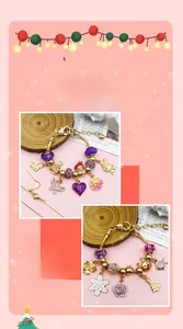 Detail view of gold Christmas charm bracelet with purple beads and holiday pendants