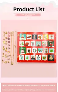 Calendario de Adviento rosa con 2 pulseras, 1 collar y 21 colgantes de Navidad