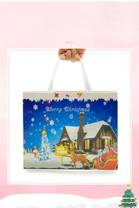 Blue Christmas gift bag with Santa Claus illustration and white ribbon handle