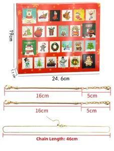 Detail view of 24-day Christmas advent calendar box with gold chains and sizing dimensions