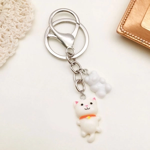 Cute white resin cat and bear charm pendant with silver metal keychain for DIY jewelry