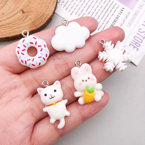 Five-piece white resin pendant set featuring cute cat, rabbit, and cloud charms with metal hooks