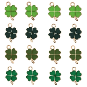 Set of 16 four-leaf clover charms in four shades of green with golden edges for DIY jewelry