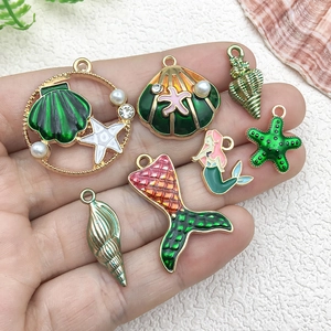 Green ocean series DIY charms set with shells, starfish, and alloy enamel pendants