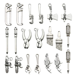 DIY antique silver alloy tool pendant set with screwdriver and saw for jewelry making