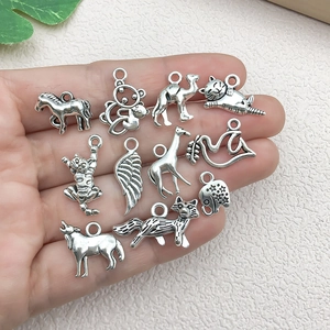Antique silver animal pendants including elephant and cat for DIY bracelet jewelry making