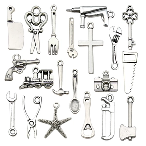 21pcs vintage silver alloy pendants including tools, cutlery, and cross for DIY jewelry