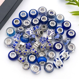 Mix of dark blue resin and glass large hole beads with rhinestones for DIY jewelry making