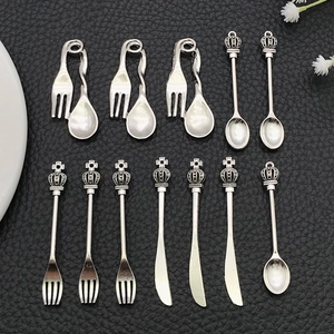 Vintage Alloy Cutlery Pendant DIY Jewelry Findings Crown Knife Fork Spoon Antique Silver Miniature Tableware Charms Accessory