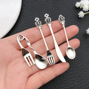 Retro silver alloy cutlery pendants including crown knife, fork and spoon set