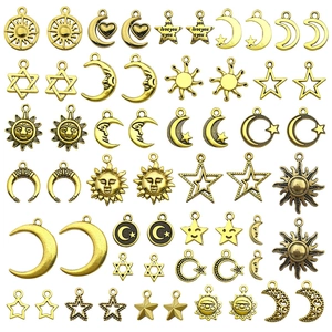 Vintage Alloy Sun Moon Star Celestial Pendants For DIY Necklace Bracelet Jewelry Making Antique Gold Color Mixed Metal Charms Handcraft Accessories