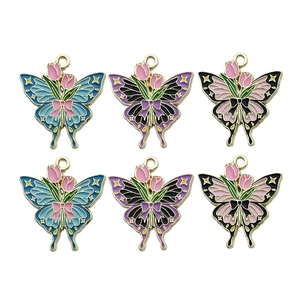 Detail of colorful butterfly tulip charms in blue, purple and black with metal loops