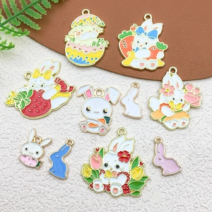 Cartoon Easter bunny enamel charms in gold finish for DIY jewelry making and necklaces