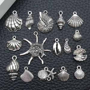 Set of 15 vintage silver ocean charms with shells and starfish for DIY jewelry making