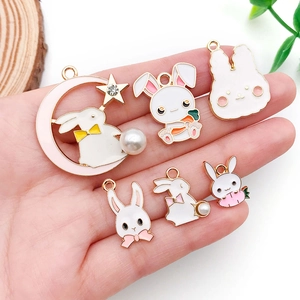 Easter rabbit alloy enamel charms with pearls and rhinestones for DIY jewelry making