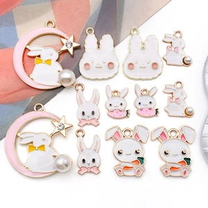Easter rabbit enamel charms with pearls and rhinestones for DIY jewelry making accessories