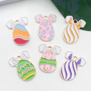 Detail of 6pcs Easter bunny egg charms with colorful oil drip patterns for DIY jewelry