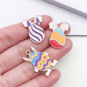 Three Easter bunny egg alloy pendants for DIY jewelry making in vibrant enamel colors