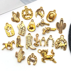 19-piece vintage gold cowboy charm set with cactus, horse, and boots for DIY jewelry