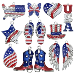 USA Independence Day Alloy Enamel Rhinestone Pendants Heart Star Map Jewelry Making Accessories For DIY Earrings Keychain