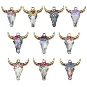 Bohemian Zinc Alloy Bull Skull Pendants For DIY Jewelry Making Floral Enamel Animal Charms Vintage Tribal Accessories