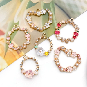 Pastel floral and apple DIY charms with pearls and rhinestones on light gold frames