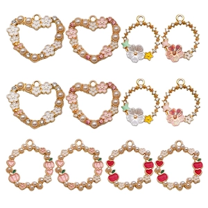 DIY Zinc Alloy Floral Wreath Pendants With Artificial Pearl Rhinestone Heart Round Enamel Charms For Earring Necklace Jewelry Making