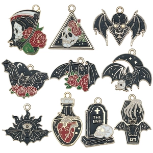 Gotische Halloween Zinklegierung Emaille Anhänger Dunkler Stil Fledermaus Totenkopf Rose Grabstein Charms Für DIY Schmuckherstellung