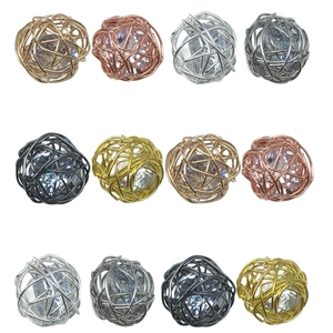 Handmade hollow wire-wrapped beads with zircon inlay for DIY jewelry in four metallic colors
