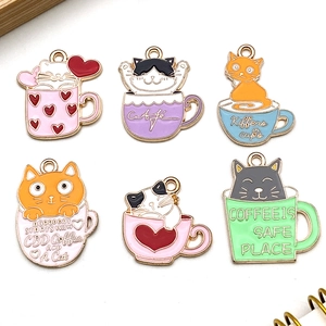 Detailed set of six colorful alloy cat and coffee cup charms for DIY jewelry making